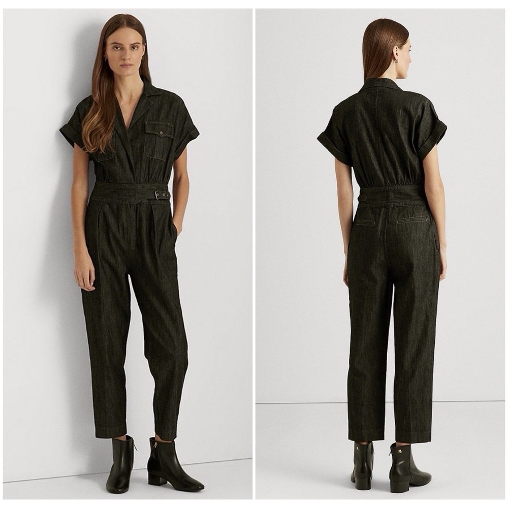 Lauren Ralph Lauren Denim Jumpsuit Black Wash Collar Short Sleeve Size 6